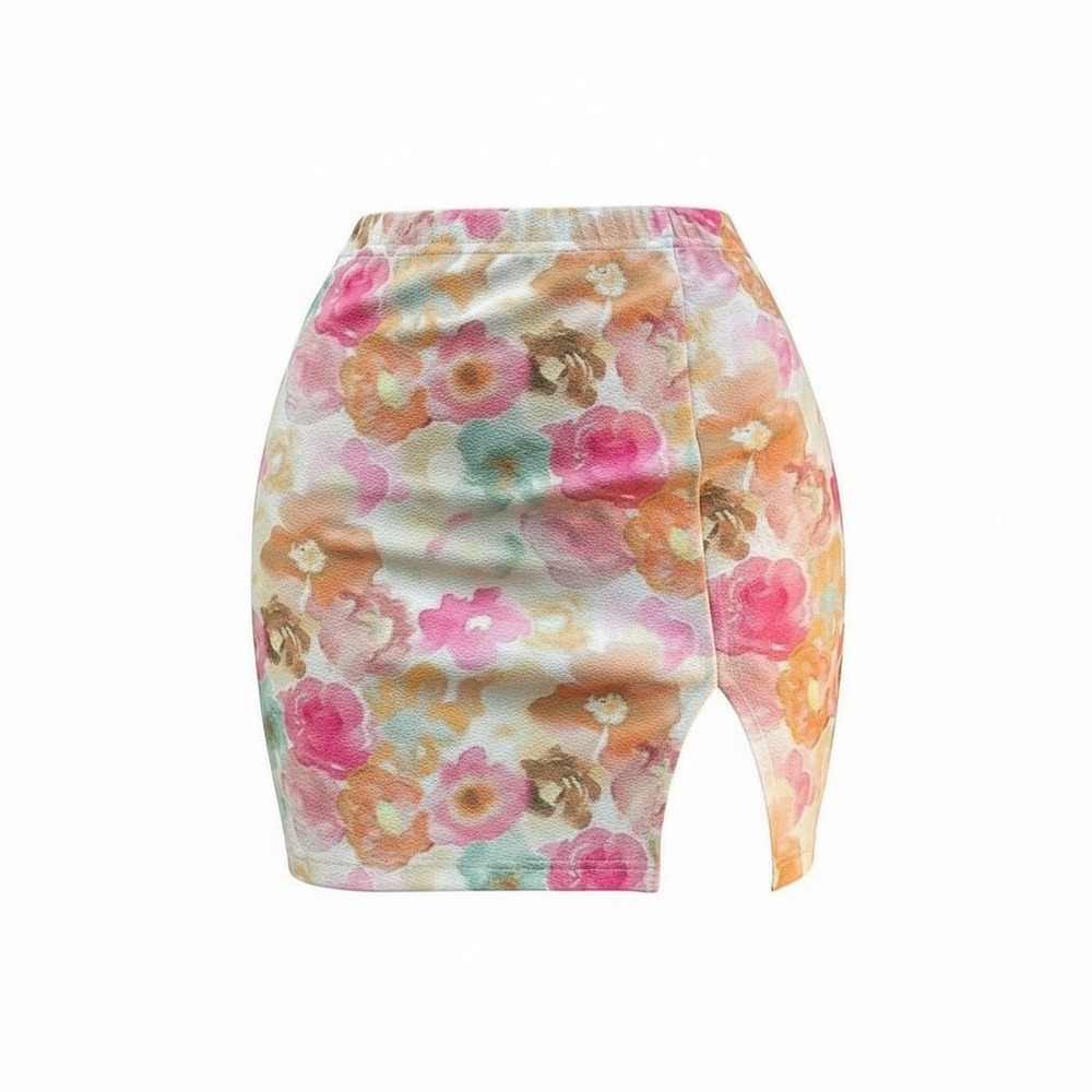 New Medium Pink Floral Mini Skirt‎ Fitted Bodycon Slit High Rise Stretchy
